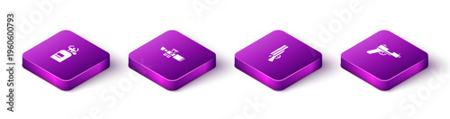 Set Isometric Camping gas stove, Sniper optical sight, Shotgun and Pistol or icon. Vector