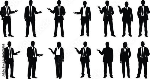 Business professionals silhouettes in formal attire presenting gestures, corporate communication vector illustration, diversity workplace artwork, modern office design concept