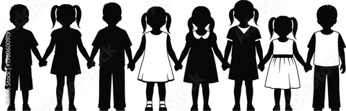 Children silhouette collection, kids holding hands vector, unity diversity illustration, childhood friendship artwork, togetherness design graphic, social harmony silhouette set