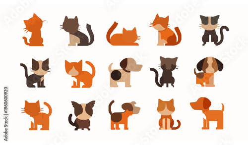 Cute pet characters grid vector set with cartoon cats and dogs in different poses flat minimal style