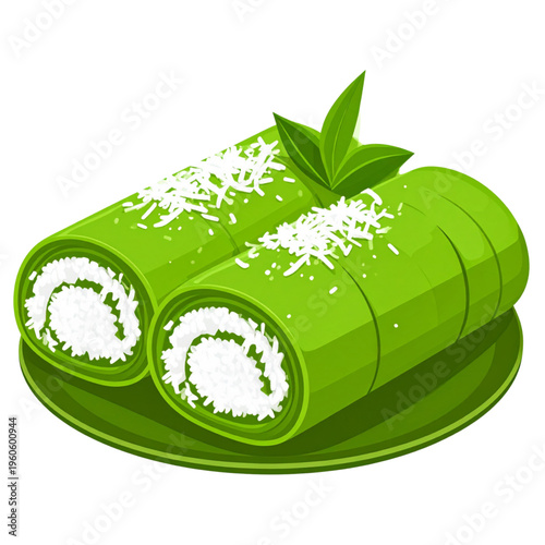 Dadar Gulung—soft green pandan crepes filled with sweet grated coconut, neatly rolled and tied, a fragrant traditional Indonesian dessert