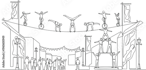 acrobatics on high wire, crowd watching performance