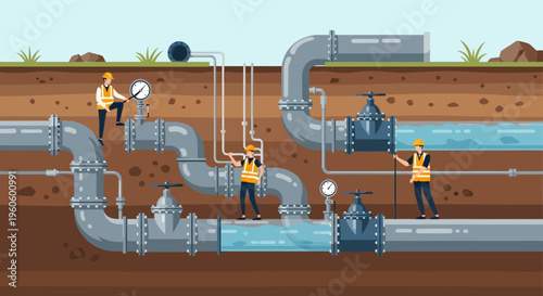 Underground water pipeline system with workers performing maintenance and repair tasks