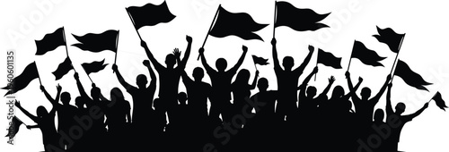 Crowd silhouette collection, people waving flags vector, protest rally illustration, unity celebration artwork, demonstration design graphic, collective action silhouette set