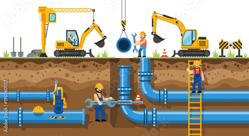 Construction workers installing large pipes underground with excavators and tools