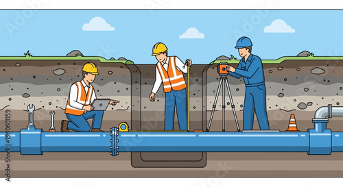 Construction workers installing and surveying large pipeline for underground infrastructure project