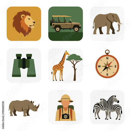 Safari Wildlife Adventure Icons Set.