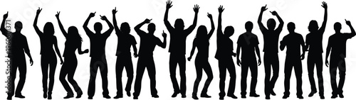 Group of people silhouettes raising arms in celebration, joyful crowd vector illustration, unity lifestyle artwork, cultural social gathering design concept