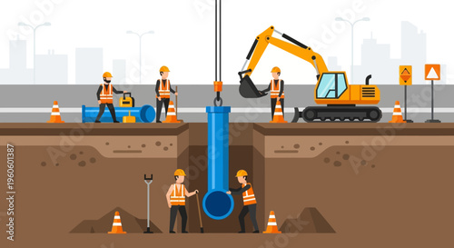 Construction workers installing a large blue pipe underground with an excavator nearby