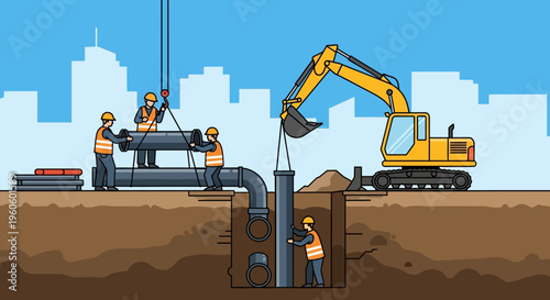 Construction workers installing underground pipes with an excavator and city skyline in the background