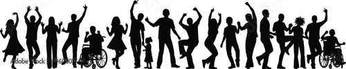 Inclusive diverse people silhouettes, dancing celebration, wheelchair accessibility, unity, diversity, joy, happiness, community, party, movement, expressive poses, modern vector illustration