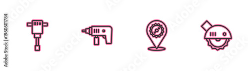 Set line Construction jackhammer, Circular saw blade, Electric drill machine and circular icon. Vector