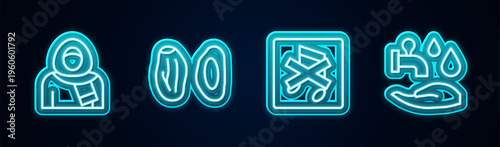 Set line Muslim woman in hijab, Date fruit, Speaker mute and Wudhu. Glowing neon icon. Vector