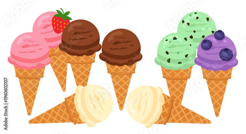 Assorted Ice Cream Cones: Strawberry, Chocolate, Mint Chip, Vanilla, Blueberry Flavors