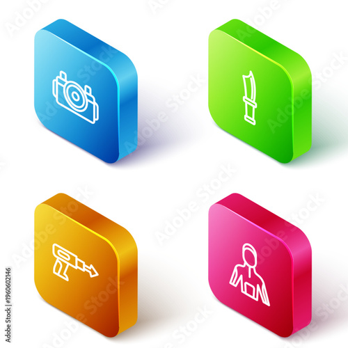 Set Isometric line Photo camera for diver, Diving knife, Fishing harpoon and Wetsuit scuba diving icon. Vector
