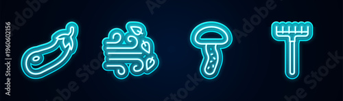 Set line Eggplant, Windy weather, Mushroom and Garden rake. Glowing neon icon. Vector