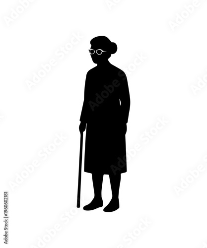 Elderly blind woman walking with cane silhouette
