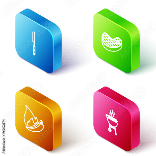 Set Isometric line Barbecue knife, Steak meat, Hot chili pepper pod and grilled shish kebab icon. Vector