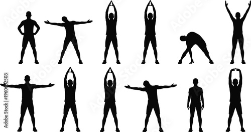 Stretching exercise silhouette collection, fitness warm-up vector, flexibility training illustration, workout posture artwork, healthy lifestyle design, physical activity silhouette set