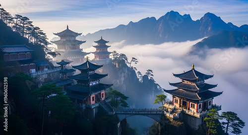 Majestic Ancient Temples Perched on Foggy Mountain Peaks Captivating East Asian Scenery