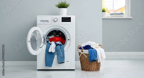 Modern home laundry room with washing machine and full basket of dirty clothes