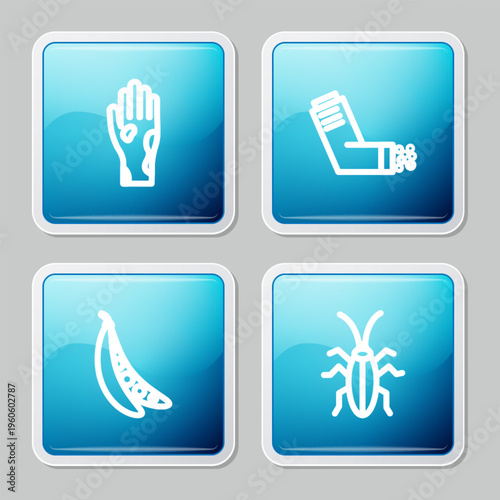 Set line Hand with psoriasis or eczema, Inhaler, Kidney beans and Cockroach icon. Vector