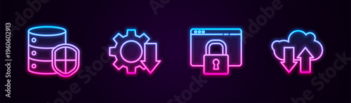 Set line Server with shield, Cost reduction, Secure your site HTTPS, SSL and Cloud download and upload. Glowing neon icon. Vector