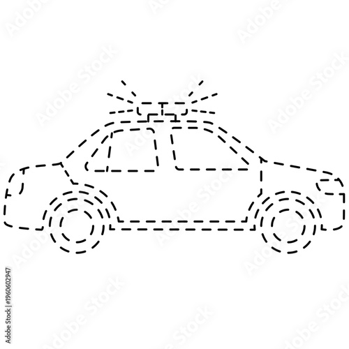 Dotted outline police car illustration isolated on light background simple vehicle line art for coloring book or educational transportation design.
