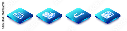 Set Isometric line Upload inbox, Dental clinic, Fishing hook and Clinical record icon. Vector