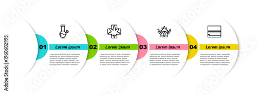 Set line Glass bong for smoking marijuana, Medical cannabis leaf, Marijuana and Rolling paper. Business infographic template. Vector