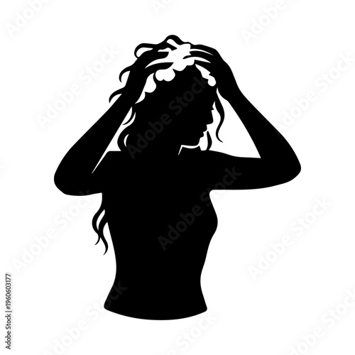 Woman silhouette washing hair with shampoo suds