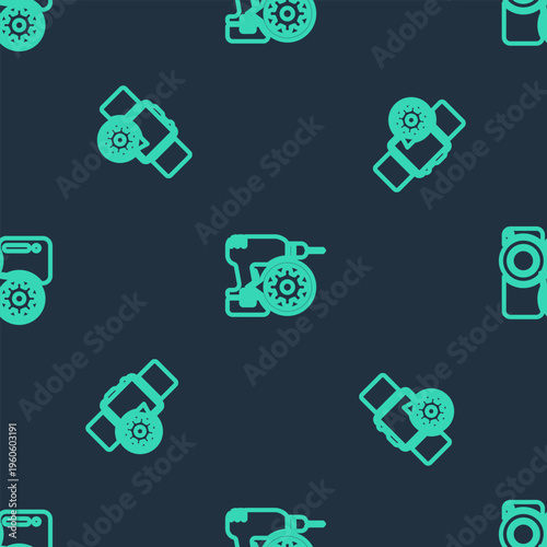 Set line Drill machine setting, Smartwatch and Video camera on seamless pattern. Vector