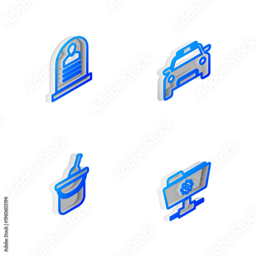 Set Isometric line Police car and flasher, Tombstone with RIP written, Bottle of wine in bucket and FTP settings folder icon. Vector