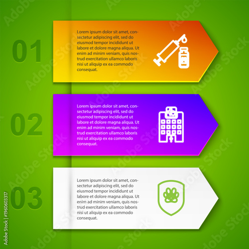Set line Syringe with pet vaccine, Veterinary medicine hospital, Animal health insurance and Paw print. Business infographic template. Vector