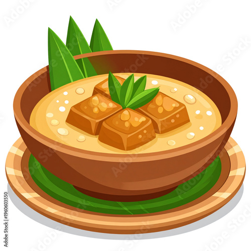 A bowl of traditional Jenang, a thick, sweet rice-based dessert with a glossy texture, topped with colorful cubes and fresh pandan leaves