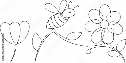 A simple line drawing of a bee visiting two blooming flowers