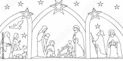 Nativity scene outline featuring mary joseph baby jesus and surrounding figures