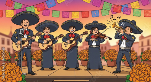 Mariachi band performing on stage with traditional mexican attire and instruments outdoors