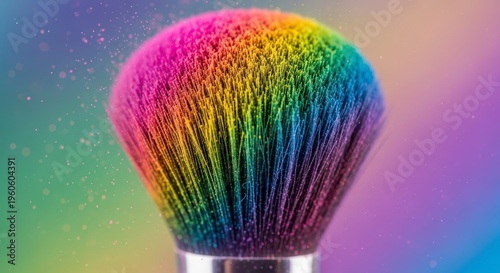 Rainbow colored makeup brush head closeup.
