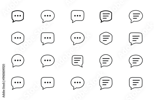 A collection of 20 simple black and white chat bubble icons for communication and dialogue