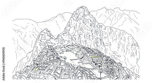 Machu Picchu Inca Citadel Outline Drawing, Peru Andes Mountains Landmark