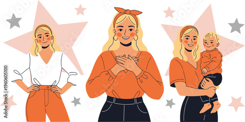 Motherhood concept different poses of a woman, happy mother holding baby, mother and child, female parent love.