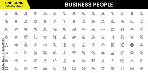Business people line icons set. Businessman outline icons collection. Teamwork, human resources, meeting, partnership, meeting, work group, success, resume 