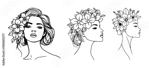Line art woman with flowers set with stylized floral headband featuring abstract minimalist portrait, female figure, line drawing, vector illustration with flowers and silhouettes