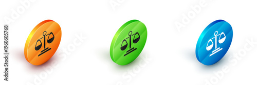 Isometric Scales of justice icon isolated on white background. Court of law symbol. Balance scale sign. Circle button. Vector
