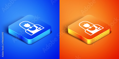 Isometric Seller icon isolated on blue and orange background. Square button. Vector