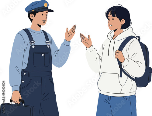 Illustration of young woman traveler with backpack asking for directions from service worker in uniform.