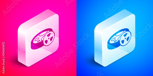Isometric Laboratory chemical beaker with toxic liquid icon isolated on pink and blue background. Biohazard symbol. Dangerous symbol with radiation icon. Silver square button. Vector