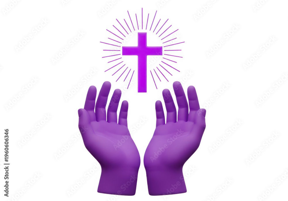 Obraz premium Purple hands with a glowing cross above them