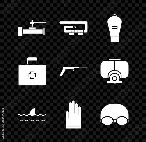 Set Industry metallic pipes and valve, Diving belt, Lift bag, Shark fin ocean wave, Gloves, Glasses cap for swimming, First aid kit and Fishing harpoon icon. Vector